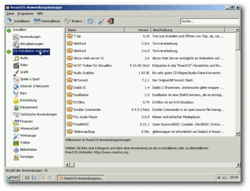 ReactOS Anwendungsmanager